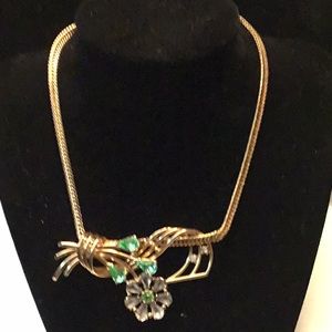 Vintage GreenBlue Rhinestone Flower Necklace